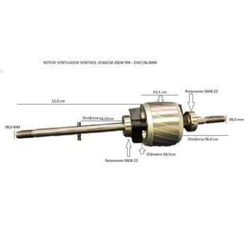 Rotor com Eixo Ventilador Ventisol 60cm Bivolts 200W Modelo MX - Eixo Rotor 08mm com 02 Rolamentos 0608zz *SALDAO - USADO*