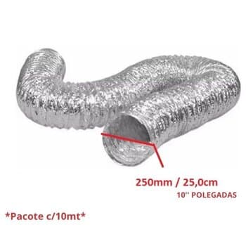DUTO FLEXIVEL TUBO DE ALUMINIO 25CM P/EXAUSTORES 250MM -PACOTE C/10MT- ALUDEC 6010 P/ATE 140C° 10POL''263MM