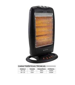 Aquecedor Eletrico Portatil AH-01 110V Ventisol Halogeno 0400W-0800W-1200Watts - AQUECEDOR DE AMBIENTES C/3 TUBOS LUZ HALOGENAS - (OCP-0040SGS)