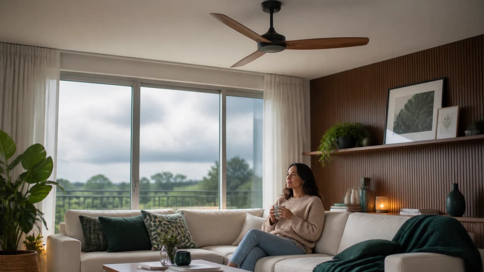 Ventilador de teto funcionando em baixa velocidade em uma sala aconchegante durante o inverno