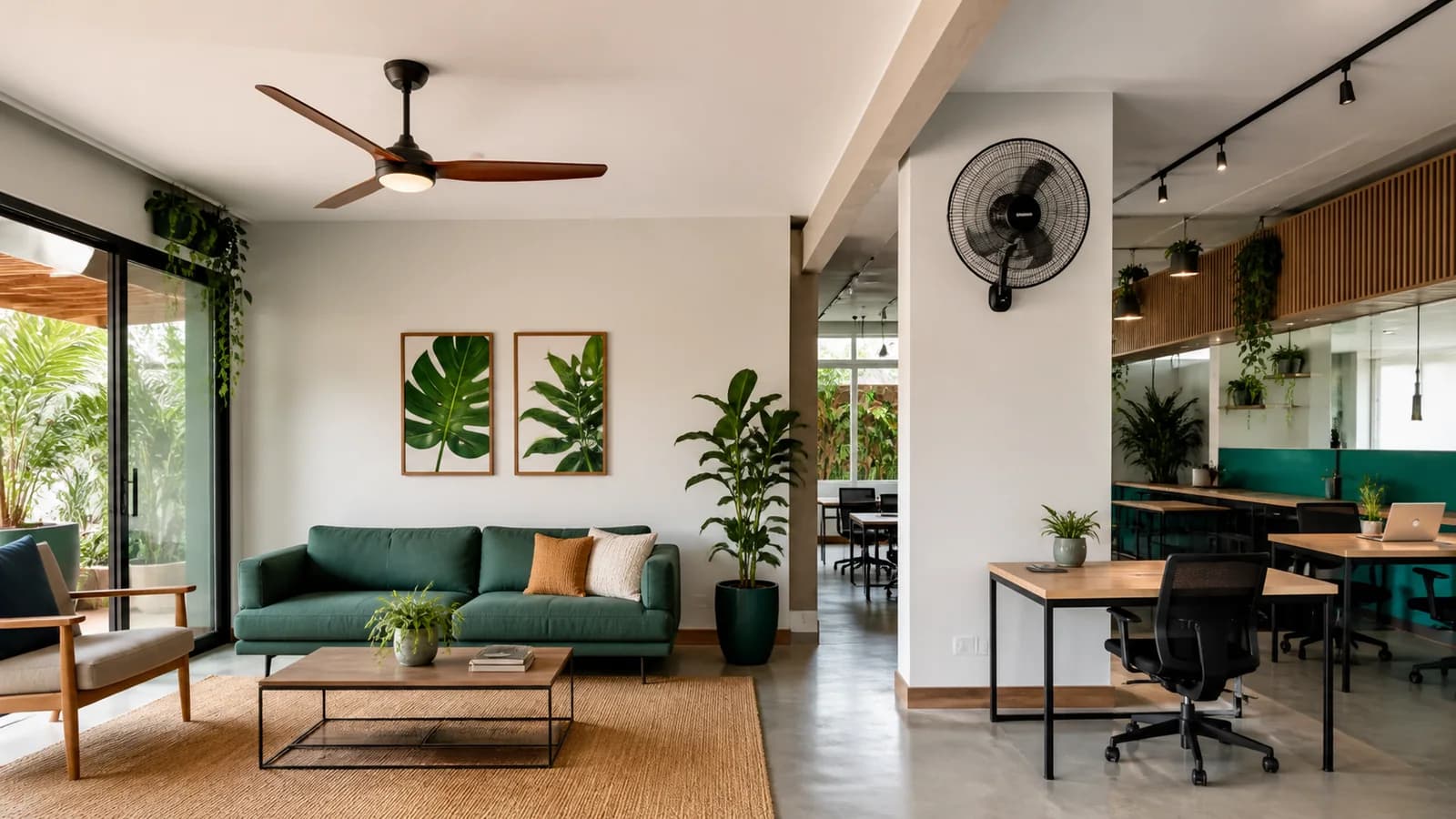 Comparação de ventilador de teto em sala e ventilador de parede em ambiente comercial