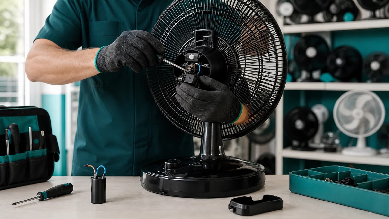 Técnico avaliando um ventilador sobre bancada organizada com ferramentas e peças de reposição