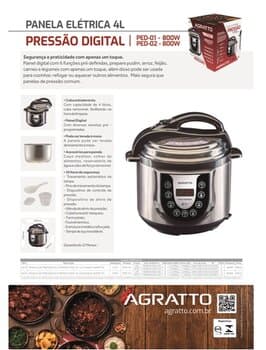 PANELA DE PRESSĂO 4L ELETRÔNICA INOX 110VOLTS 800W - PAINEL DIGITAL COM TIMER - INOX/PRETA - AGRATTO PED01