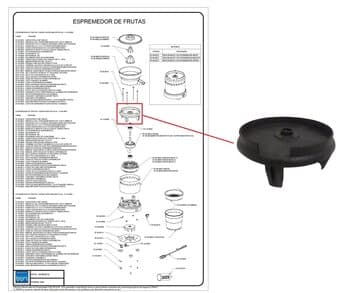 Base Superior do Corpo do Motor Extrator Espremedor de Sucos Tron Super Master Plus - Usar c/Rol.6201/ Diâmetro Ext.00,0cm/Distância entre Prisioneiros
