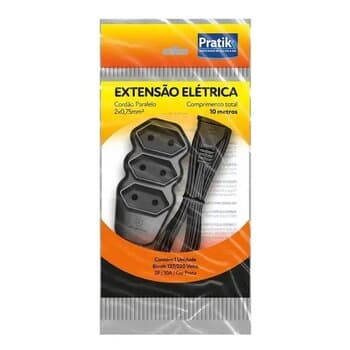 Extensăo Elétrica 3-Tomadas 2-Cabos paralelos 10-Metros 2x0,75mm cor preta c/2-Pinos Plug Macho 10A x 3Tomadas - Pratik