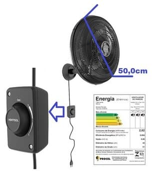 VENTILADOR DE PAREDE 050CM VENTISOL NEW MONTA FÁCIL 110V135W PRETO HEL-6PÁS G/PLASTICA CHAVE ROTATIVA
