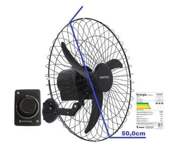 VENTILADOR DE PAREDE 050CM VENTISOL PREMIUM BIV200W PRETO HEL-3PAS G/METAL CONTROLE 3-VEL C/CAP-08,0UF