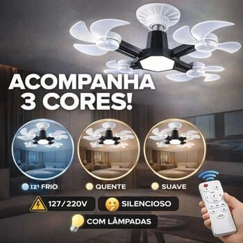 Ventilador De Teto 4Drones-5Pás LED 3-TONS Bivolts c/Lâmpada Led Ajustável c/Controle Remoto - Delomero